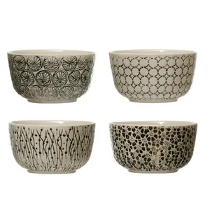Hand-Stamped Stoneware Bowl with Embossed Pattern, Black and Cream Color, Available in 4 Styles Set Tableware