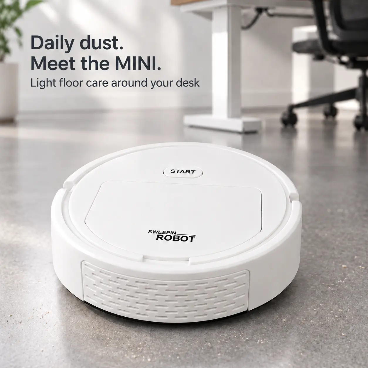 Mini Rechargeable Robot Floor Sweeper for Home, Apartments and Small Spaces, Light Dust, Crumbs, Small Dry Debris and Loose Hair on Smooth Hard Floors, Dual Side Brushes, Dust Compartment, One-Button Start and USB Charging