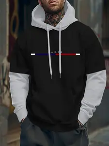 Autumn and winter new men's collision long-sleeved hooded sweatshirt with pockets trend personality flutter belt monogram print regular loose casual sports pullover fitness running outdoor camping men's tops