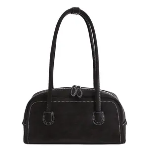 Women's New Retro Color-Block Topstitched Suede Boston Shoulder Bag — Y2K Style Bowling Handbag & Everyday Leather Hobo Bag