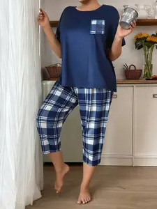 New Summer Casual Plaid Sleepwear Set for Women, Comfortable Short Sleeve Top and Seven-Quarter Pants, Two-Piece Home