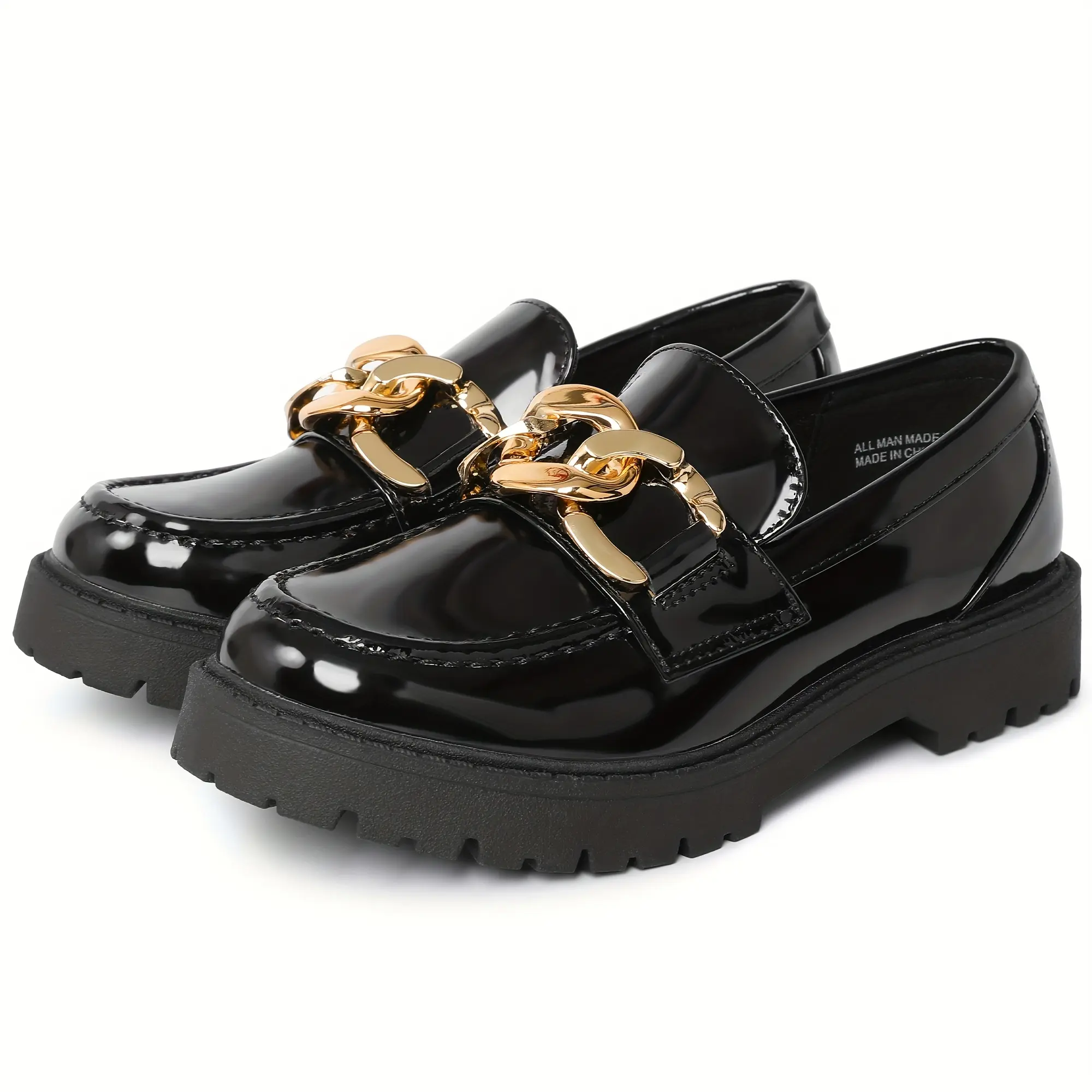 SHOESLOCKER Girls' Soft Chunky Platform Loafers - Kids' Plain Synthetic Slip-On Flats with Gold Chain, Round Toe