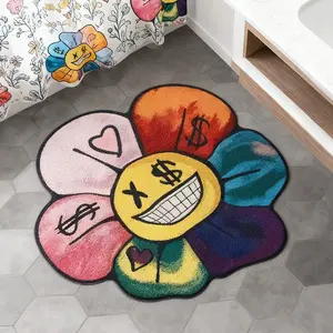 Smiley face floral carpet, Gothic decorative rug, Flower Pattern Rugs, Soft and comfortable floral patterned mat, Colorful Dopamine Creative Bedroom Rug, Suitable for living room, bedroom, relaxation area, home decor