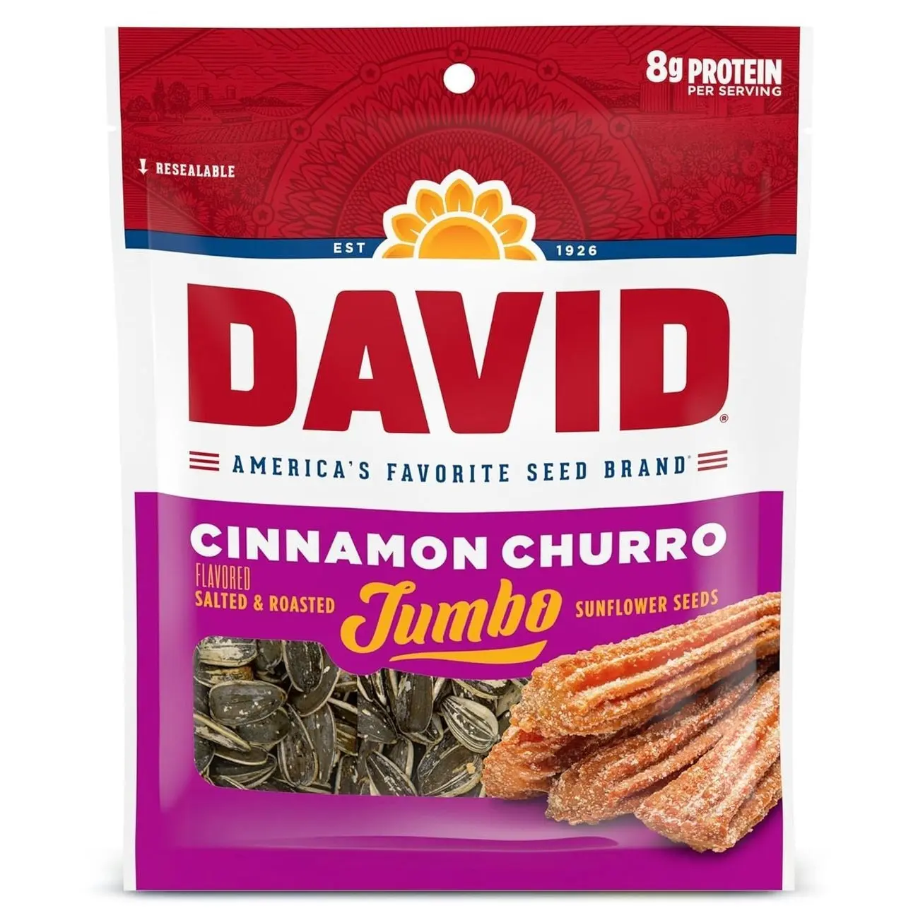 DAVID Jumbo Sunflower Seeds, Cinnamon Churro Flavor, Easter Basket Stuffer for Baseball Players, 5.25 oz. (Pack of 12)