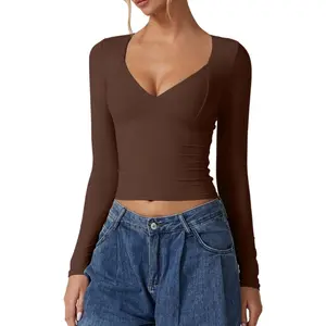 Women's Long Sleeve V Neck T Shirts Double Lined Crop Top Seamed Cup Going Out Tops