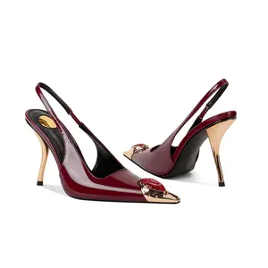Womens Slingback High Heels Metal Pointed Toe Stiletto Heels Gems Embellished Stretch Slingback Pumps Patent Leather Fashion Party Dress Shoes for Women