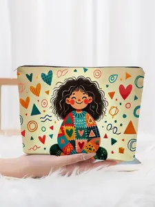 Boho Girl Pattern Cosmetic Bag with Curly Hair and Heart Design, Portable Travel Toiletry Storage Pouch for Daily Use, Zippered Makeup Organizer