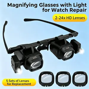 Head-Mounted Acrylic Glasses with 2x-24x Magnification, LED Light, Portable ABS Plastic Frame for Sports & Outdoor Use