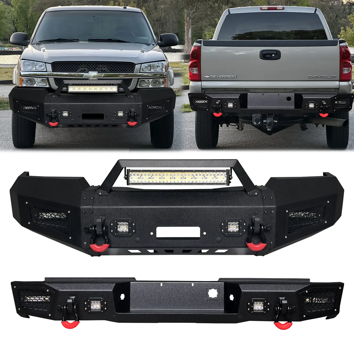 Vijay Steel Black Texture Front & Rear Bumper Set for 2003-2006 Chevy Silverado 1500, Chevy Truck Accessory, with Winch Plate, LEDs, 2 D-Rings, Off-Road Performance, Screw-Mount Installation, With Leds