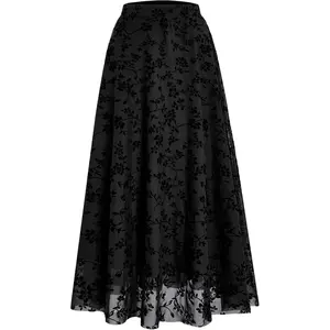 Women's Long Maxi Skirts Y2k Gothic Flowy Ruffle Skirt Boho Floral Print Mesh Going Out Outfits