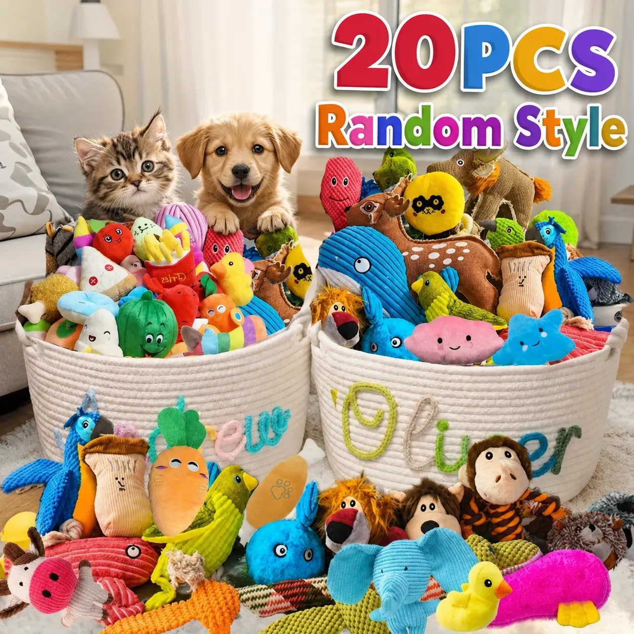 20PCS Small Dog Interactive Toy Gift Box 20pcs Squeaky Plush Chew Toys Tough Anti-Destruction Tug Game Toys Random Cute Animal Designs Relieve Puppy Boredom & Separation Anxiety