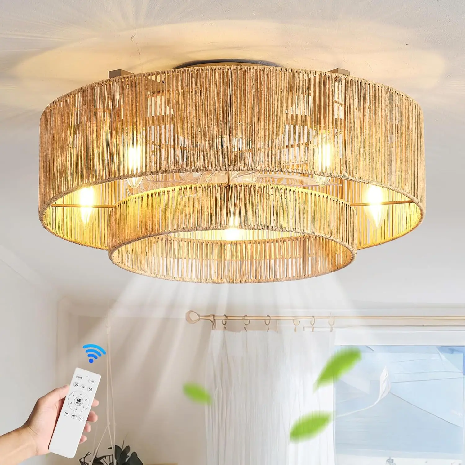 20 Inch Flush Mount Ceiling Fan with Light and Remote, Boho Rattan Caged Low Profile Ceiling Fan, 6-Speed Reversible Quiet Decorative Ceiling Fan, Hand Woven Rattan Lighting Fan for Bedroom Living Room Farmhouse Indoor Decor