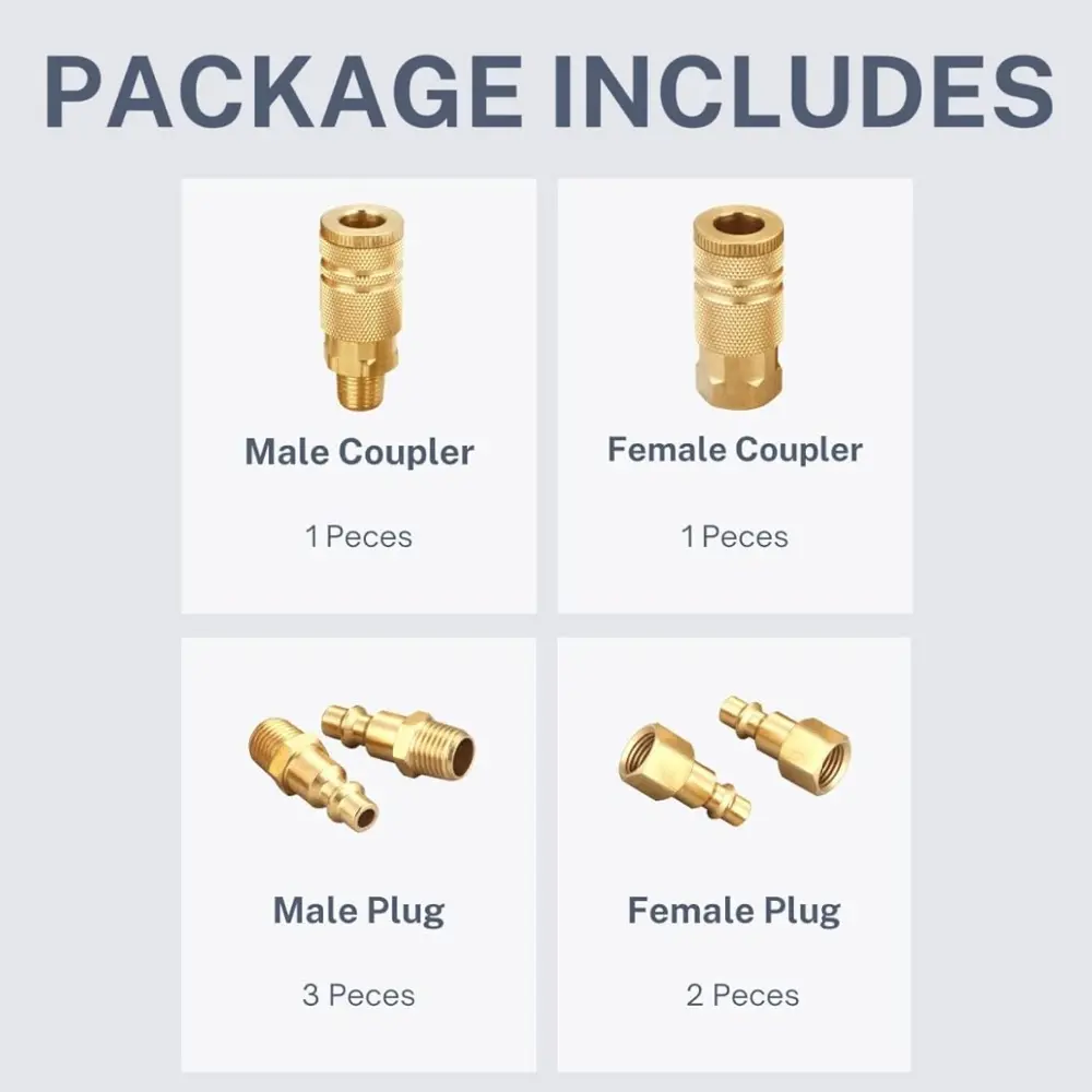7 pcs Air Hose Fittings Industrial Plug Kit Quick Connect Brass Air Coupler Air Compressor Fittings Accessories 1/4 Inch NPT Air Compressor Fittings