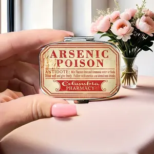 Vintage Arsenic Poison Label Pill Case, Retro Design Compact Pill Box with Mirror, Dual-Compartment Organiser for Travel & Home Use, Healthcare
