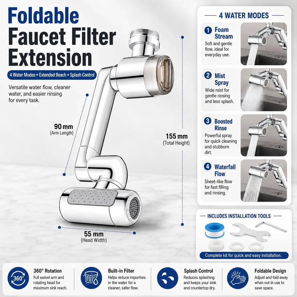 Universal 1440° Rotating Faucet Extender with Filter - 4 Modes Splash Basin Swivel Tap Aerator for Easy Cleaning and Water Saving - Durable Metal Design NONE