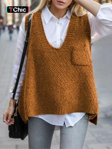 women's solid pocket high low hem v neck sweater vest, casual fashion sleeveless jumper vest for daily wear, ladies knitwear for all seasons, tops for women, trending clothing women, clothes for women