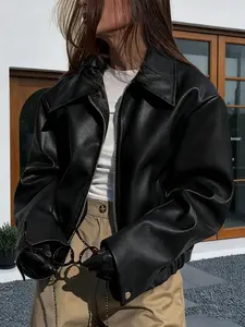 SNOBBISH Women Lapel Collar Oversized Long Sleeve Leather Jacket Streetwear Style Edgy Fashion Fall Winter Outerwear