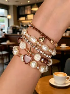 5-Piece Pearl and Crystal Beaded Bracelet Set, Elegant Layered Jewelry for Women, Perfect Gift for All Occasions