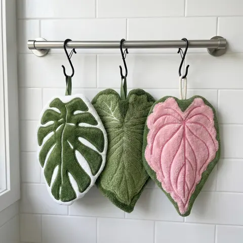 3 Pack Leaf Hand Towels Hanging Kitchen Towels with S Hanging Loop,Cute Coral Fleece Bathroom Hand Towels, Absorbent, Quick-Drying, and Lint-Free,for Bath/Kitchen/Living Room(Green+Pink+White)