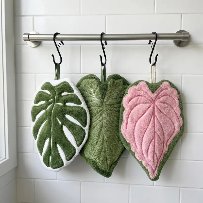 3 Pack Leaf Hand Towels Hanging Kitchen Towels with S Hanging Loop,Cute Coral Fleece Bathroom Hand Towels, Absorbent, Quick-Drying, and Lint-Free,for Bath/Kitchen/Living Room(Green+Pink+White)