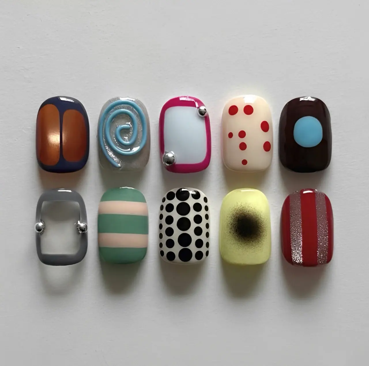 Handmade 60s Mod Pop Art Press On Nails | Retro Abstract Geometric Polka Dot Art | Funky Colorful Mismatched Short Square Fake Nails