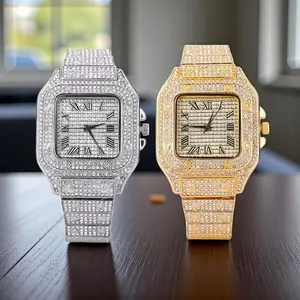 Men's Hip Hop Style Luxury Square Iced Simulated Diamond Quartz Movement Fashion Wristwatch 40mm Case Size Adjustable Band Gift Box Included