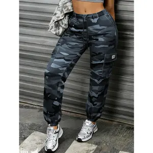 Women's Fashion Camouflage Cargo Pants Lightweight Breathable with Big Patch Pockets Elastic Drawstring Waist Tapered Leg Outdoor Casual Trousers