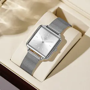 GOHUOS Simple Square Women Stainless Steel Mesh Strap Watch Fashion Japanese Movement Sliver Leisure Fashion Hannah Martin Watches