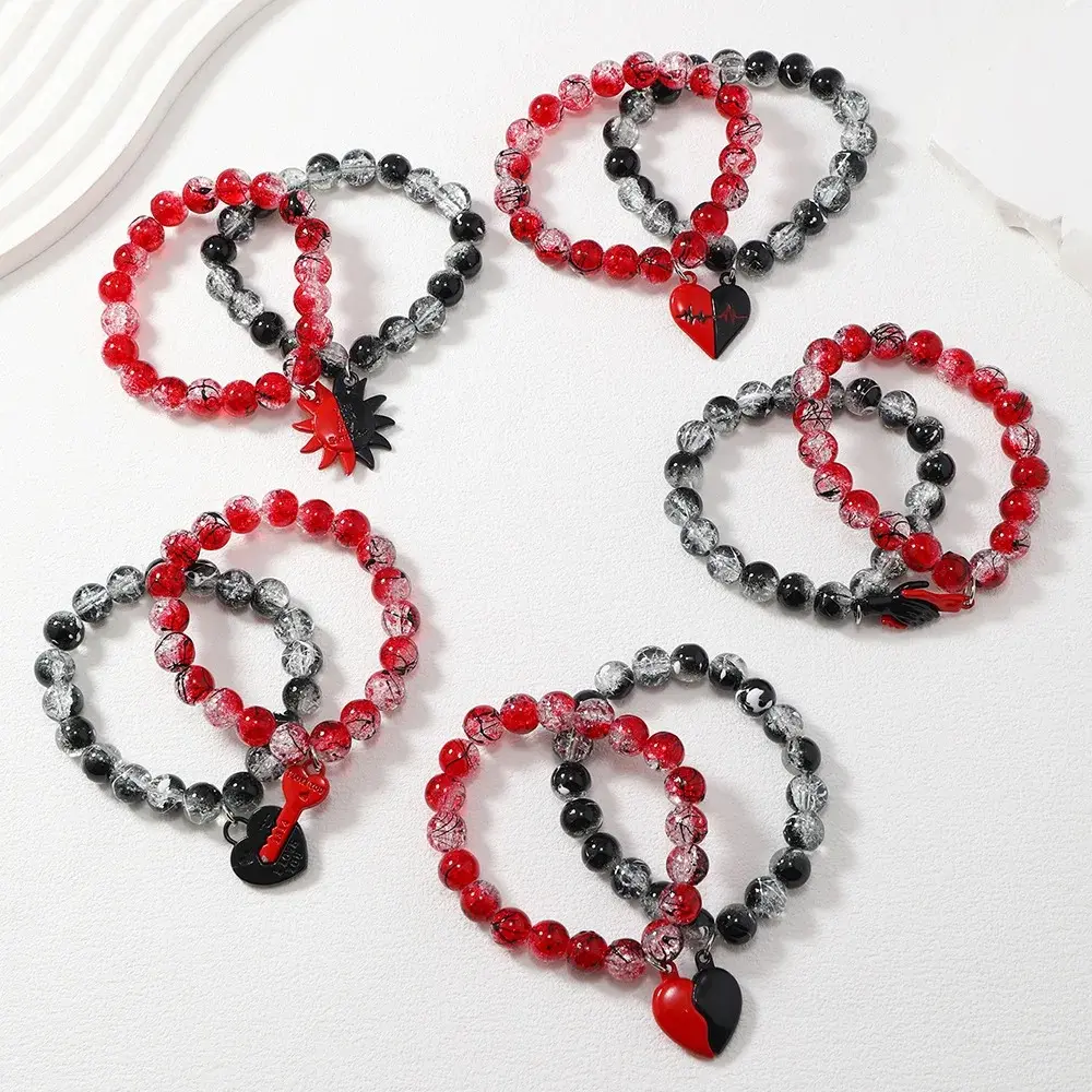 2Pcs 10MM Red and Black Mixed Bead Bracelets Heart Lock and Key Charm BFF Bracelets Lover Bracelets, Matching Heart Bracelets, Beaded Bracelets