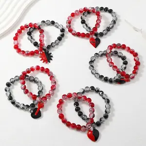2Pcs 10MM Red and Black Mixed Bead Bracelets Heart Lock and Key Charm BFF Bracelets Lover Bracelets