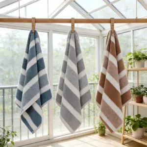 Two bathroom specific long towels and bath towels are soft, thick, and highly absorbent, making them less prone to shedding hair