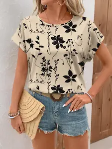 Women's Plants Print Batwing Sleeve Blouse, Casual Short Sleeve Floral Print Round Neck Top for Summer Daily Wear, Ladies Clothes for All Seasons, Boho Clothes Women, Shortsleeve Summer Top, Womenswear, Casual Printed