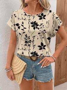 women's plants print batwing sleeve blouse, casual short sleeve floral print round neck top for summer daily wear, ladies clothes for all seasons, boho clothes women, shortsleeve summer top, womenswear, casual printed