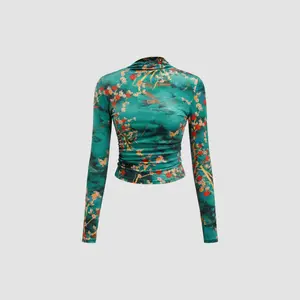 Cider Women's Knit High-Neck Floral Ruched Long-Sleeve Velvet Top