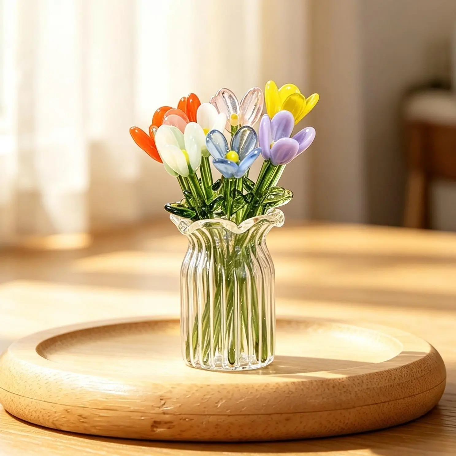Mini Hand Blown Glass Flower Bouquet with Vase, Colorful Art Glass Flower Figurine, Tiny Tabletop Decor Ornament, Cute Desk Decoration Gift for Home Bedroom Office Shelf