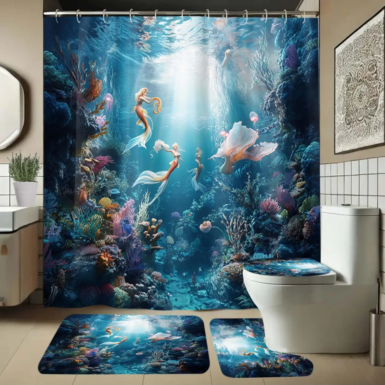 Mermaid Pattern Bathroom Accessories Set, Includes Shower Curtain, U-Shaped Toilet Pad, Lid Cover, Long Rectangle Mat, Elegant Bath Decor