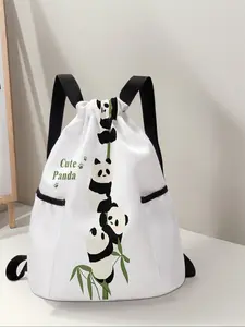 Panda Print Drawstring Backpack, Large Capacity Durable Fitness Bag, Adjustable Shoulder Straps, Sports Beach Bag for Men & Women