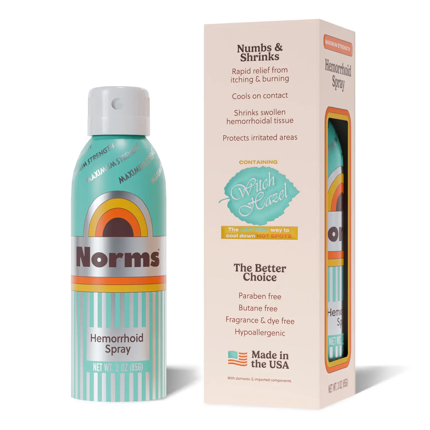 Norms Hemorrhoid Spray, Maximum Strength Touch-Free Relief with Phenylephrine, Witch Hazel, Aloe, Shrinks Swelling, Calms Itching, Soothes on Contact, 3oz Spray