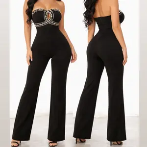 V23-327 Elegant Black Rhinestone Strapless Jumpsuit – Stretch Fit