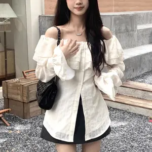 Y2k Sweet Slash Neck Ruffles Spliced Blouse Women's Clothing Solid Color Spring Autumn Butterfly Sleeve  Off Shoulder Shirts