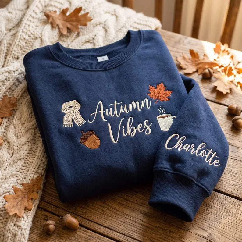 Embroidered Custom Name Autumn Vibes Sweatshirt, Fall Season Clothing