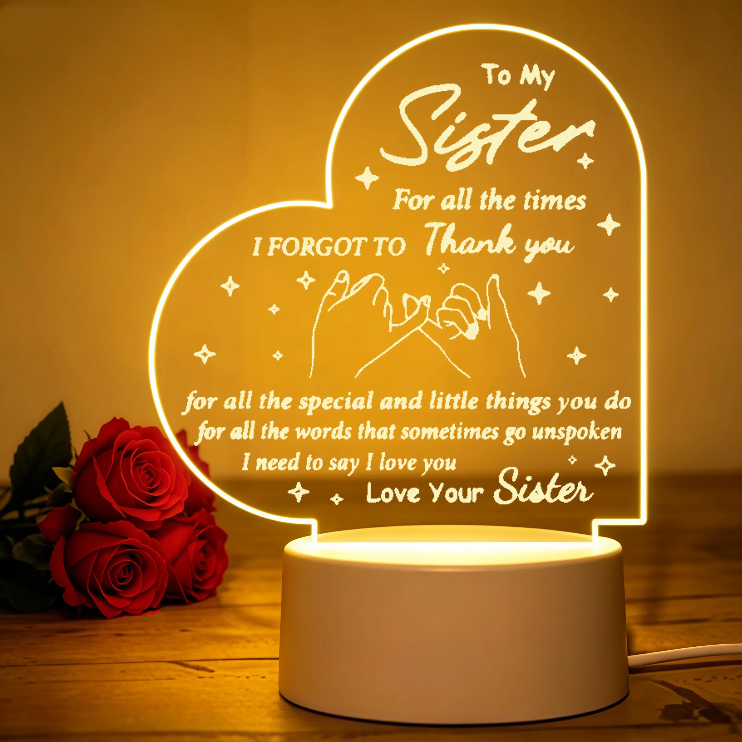 To My Sister 2D Flat Heart Acrylic Night Light, Pinky Promise Hand Engraved LED Desk Lamp, Back To School Halloween Thanksgiving Christmas Birthday Gift for Sister