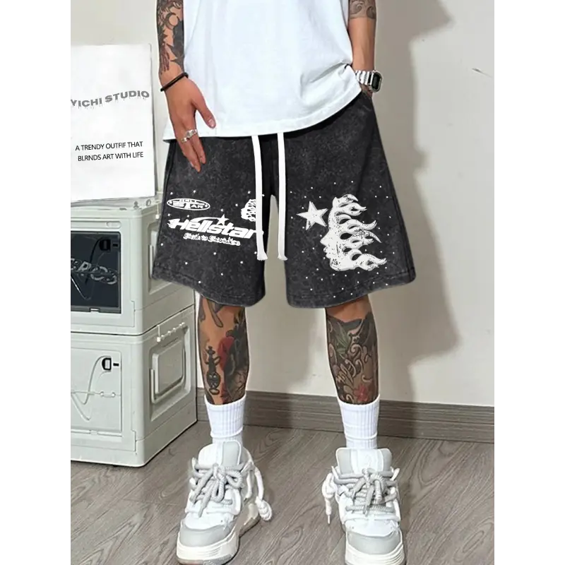 Hellstar Pattern Printing, Washed 100% Cotton Men'S Casual Shorts ...