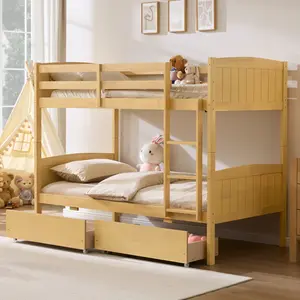 [Ships in 2 Boxes] AMERLIFE Twin Over Twin Bunk Bed with Storage Drawers, Solid Rubberwood 2-in-1 Convertible Loft Beds with Ladders, Modern Detachable Bed Frame for Kids and Teens Bedroom