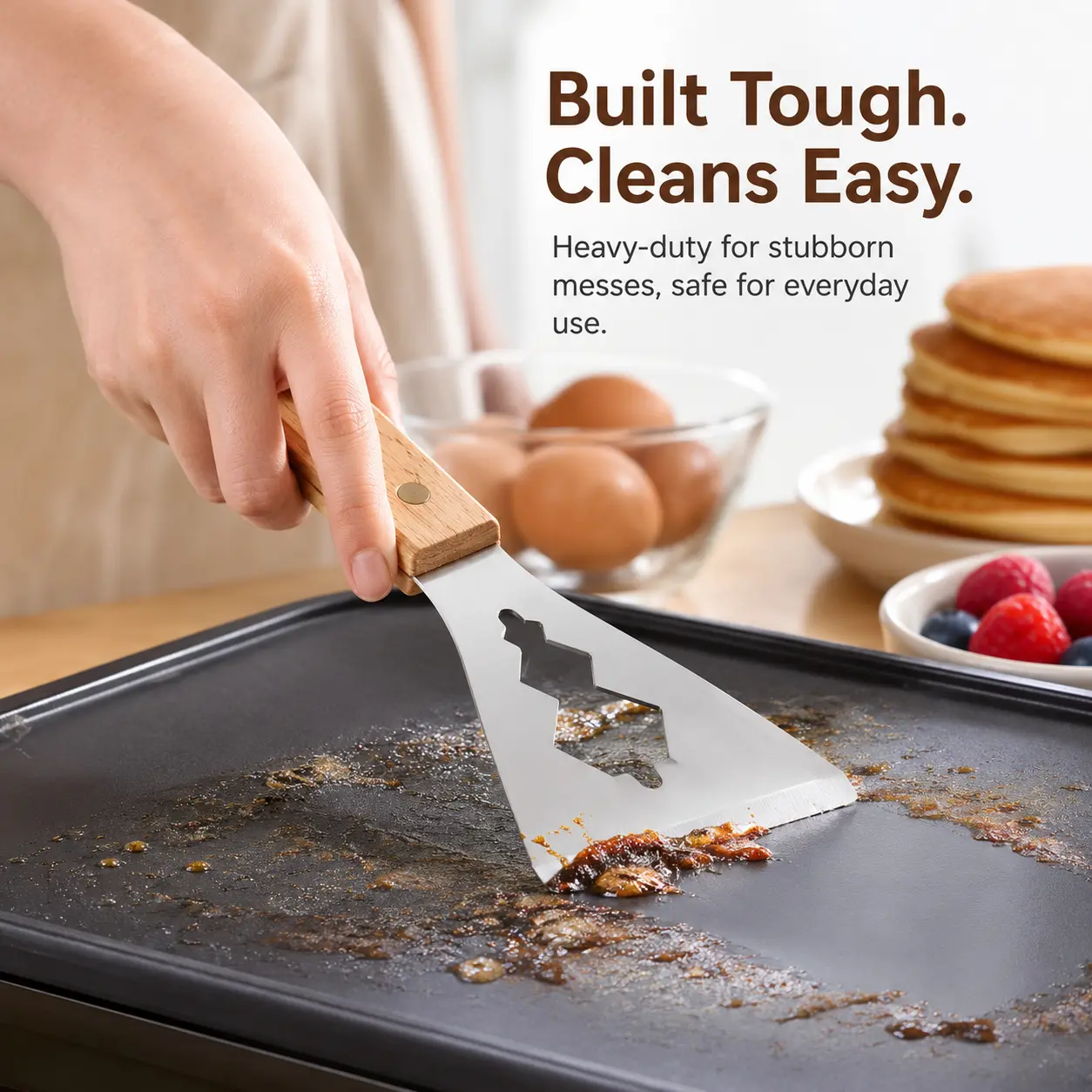 1 Count Stainless Steel Putty Scraper, Wooden Handle Mirror Polished Tool for Home Renovation Wall Surface Paint Residue Cleaning