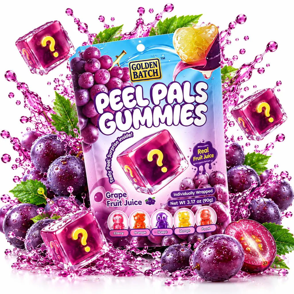 GOLDEN BATCH Double-Layer Peelable Gummies | 6-Flavor Fruit Variety Pack (Mango, Grape, Strawberry, Lemon, Orange) | Halal Certified Candy Made with Real Fruit Juice | 4 Packs