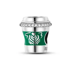MULA Green Coffee Cup Charm - 925 Silver Plated and Crystal Beads, Unique Gift for Coffee Lovers, Compatible with Pandora's Bracelets and Necklaces