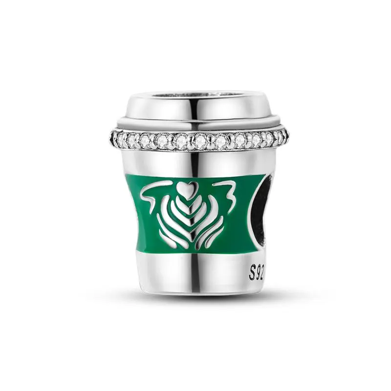 MULA Green Coffee Cup Charm - 925 Silver Plated and Crystal Beads, Unique Gift for Coffee Lovers, Compatible with Pandora's Bracelets and Necklaces