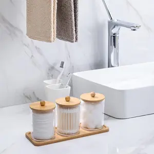 3 Pack Bathroom Qtip Holder Dispenser with Bamboo Lids & Tray, Clear Glass Apothecary Jars for Cotton Swabs, Cotton Balls, Cotton Rounds, Makeup Pads, Vanity Countertop Organizer, Modern Minimalist Bathroom Accessories