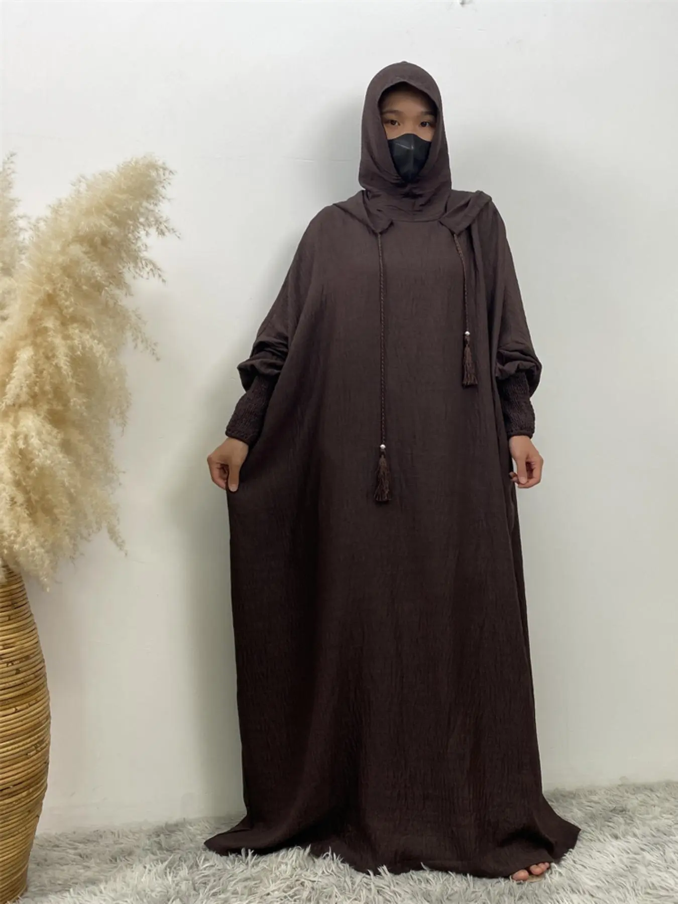 Women's Solid Color Drawstring Hooded Dress, Casual Shirred Cuff Long Sleeve Batwing Sleeve Dress for Spring & Fall, Women's Islamic Clothing for Daily Wear, Modest Dress, Hooded Arabian Dress, Modest Muslim Outfits, Tunic Dress, Modest Style